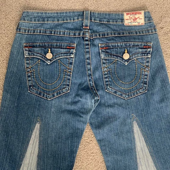 Custom Reworked True Religion Embroidered Flare Blue Jeans - Picture 5 of 7